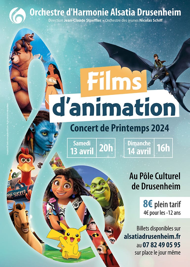 Affiche concert musique de films d'animation Disney, Pixar, Dreamworks à Drusenheim